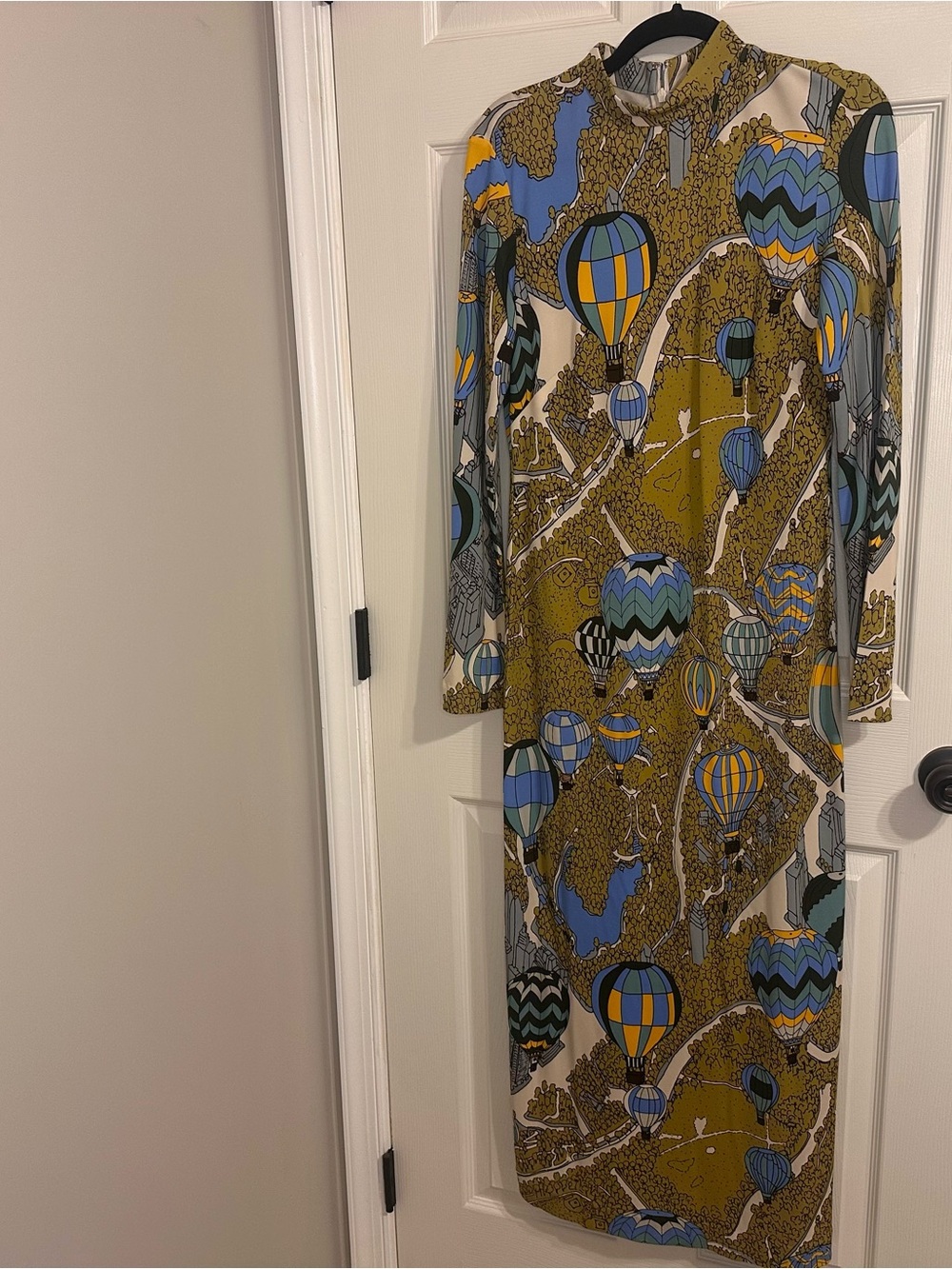 Tory Burch Olive, Blue and Yellow Hot-Air Balloon Maxi Dress